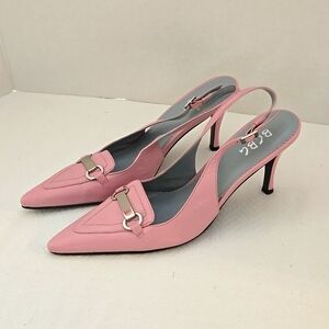 BCBG Paris Pink Kitten Heel Slingback Size 8M Leather Silver Buckle